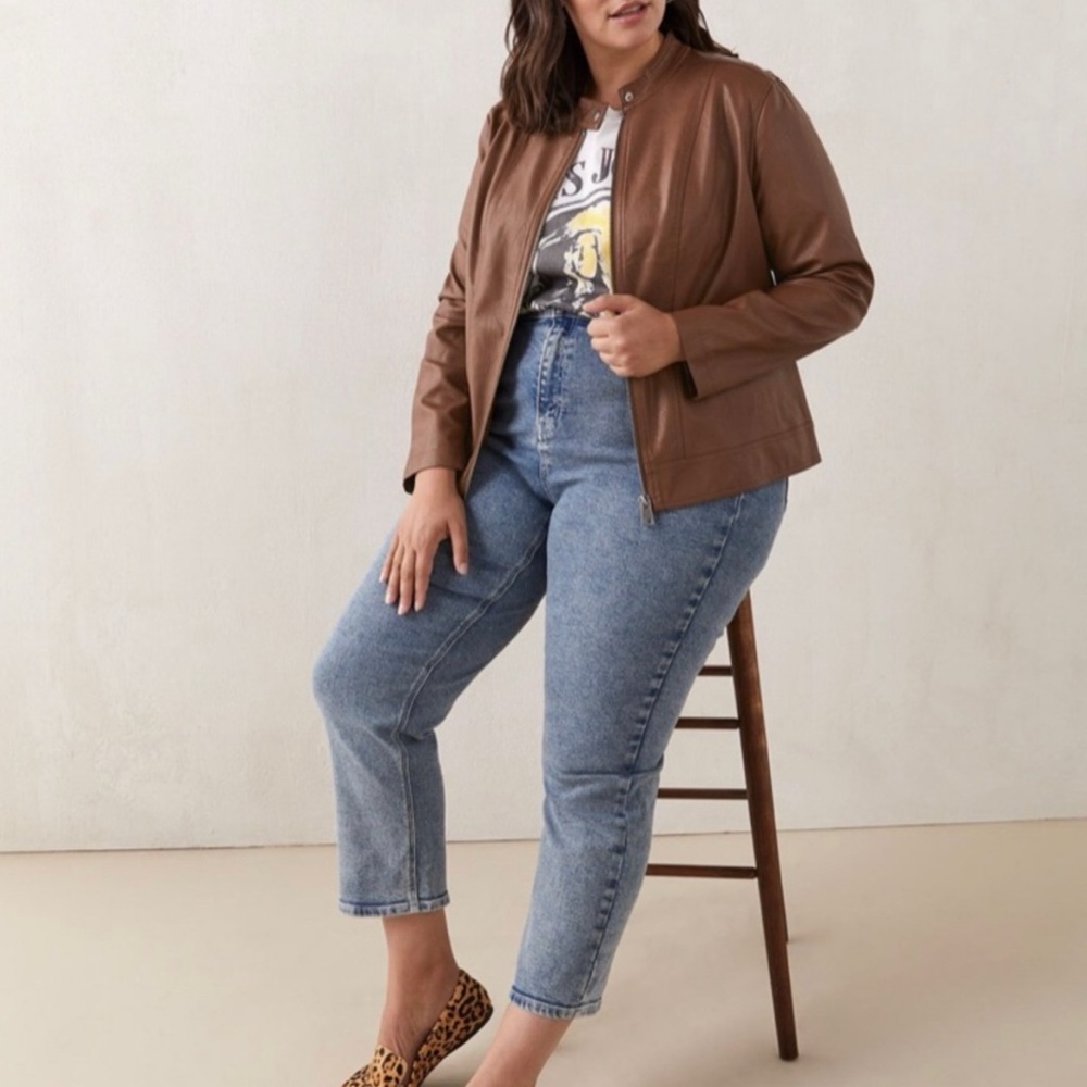 Cognac Brown Vegan Leather Bomber Jacket 2X Reitmans Faux Leather Moto Plus Size
